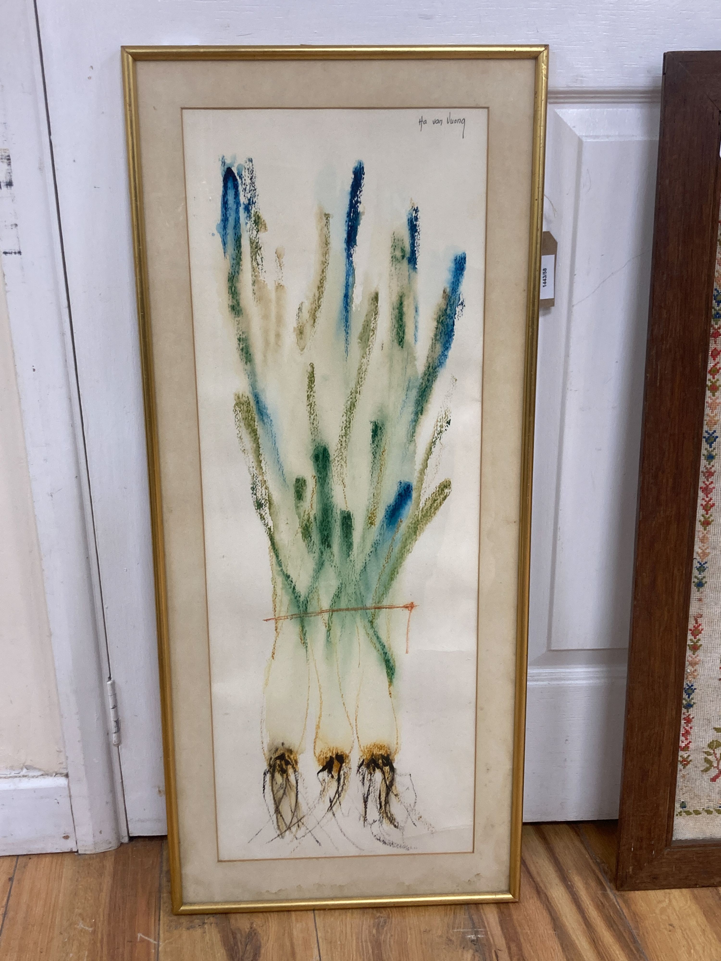 Ha Van Vuong (Chinese, b.1914), watercolour, 'Spring Onions', signed, 73 x 26cm.